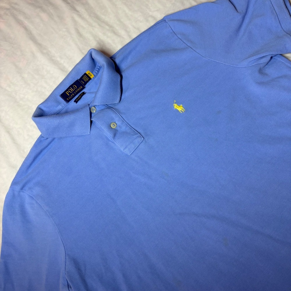 Polo Ralph Lauren Classic Fit Short Sleeve Polo Shirt Light Blue L Yellow Pony